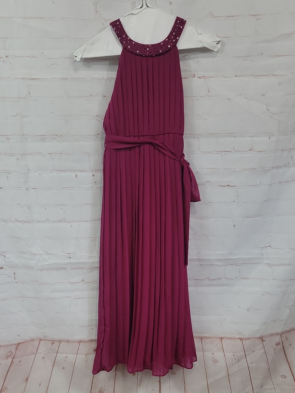 Pleated Beaded Neck Maxi Dress in Plum